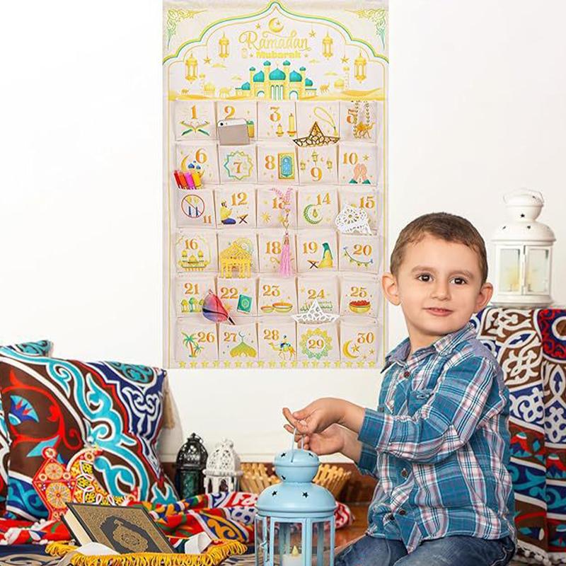 Рамадан Декор Холст Обратный отсчет 30 дней Адвент-календарь Мешок Для мусульманского исламского ребенка мальчика девочки Рамадан Декор Подвесной органайзер
