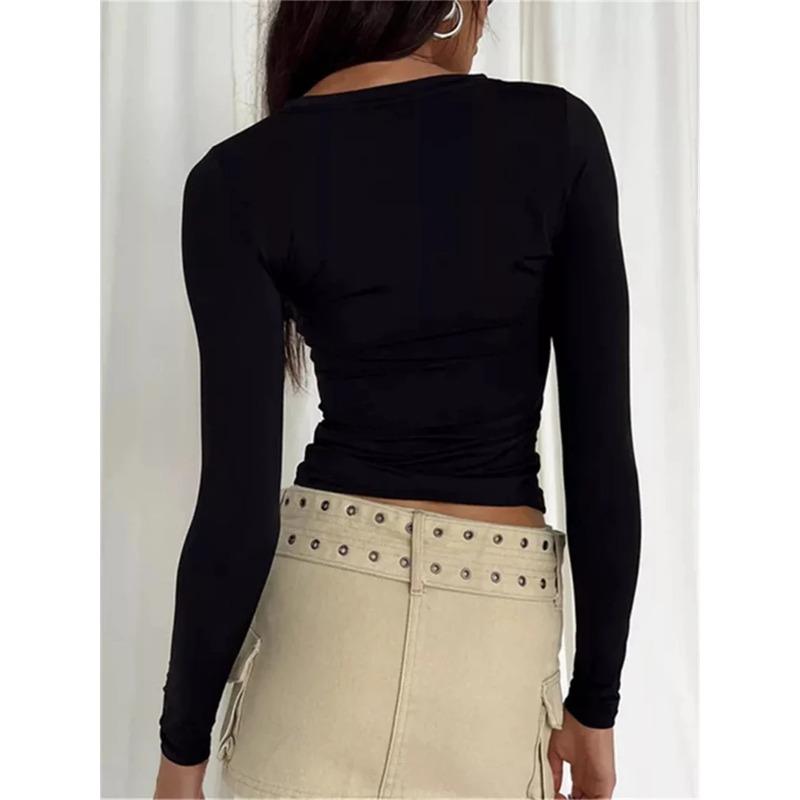 Осенние женские тонкие укороченные топы с круглым вырезом и длинным рукавом, однотонная футболка темпераментного цвета с изображением пупка