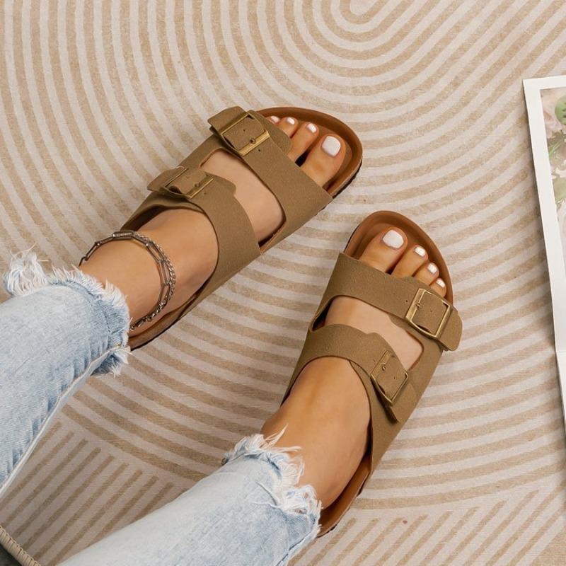 One-word Buckle Slippers Women's New Women's Shoes Large Size Wear Thick-soled Cork Beach Cool Slippers