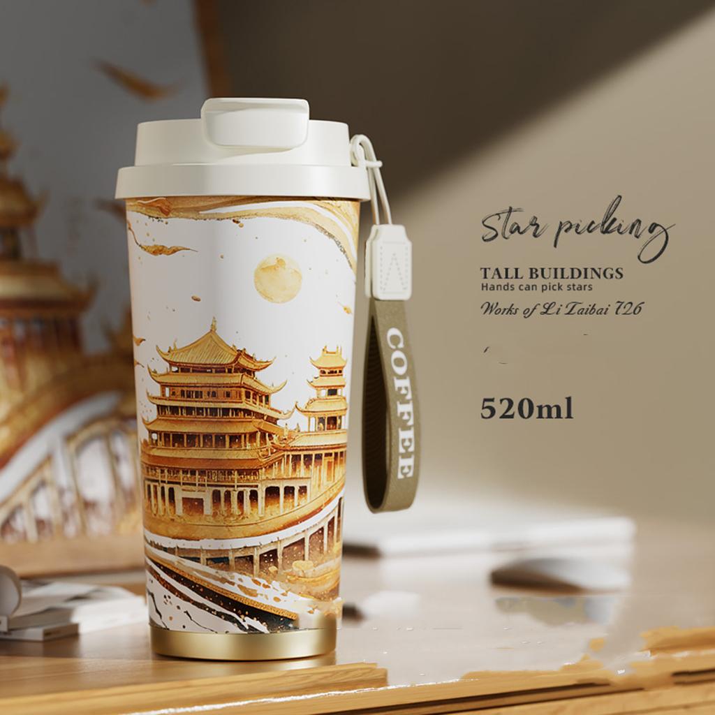 Кружка для кофе с цветами в стиле Ван Гога 500 мл Вакуумная фляга из нержавеющей стали Соломинка и возможность пить прямо Изолированный тамблер Термокружка