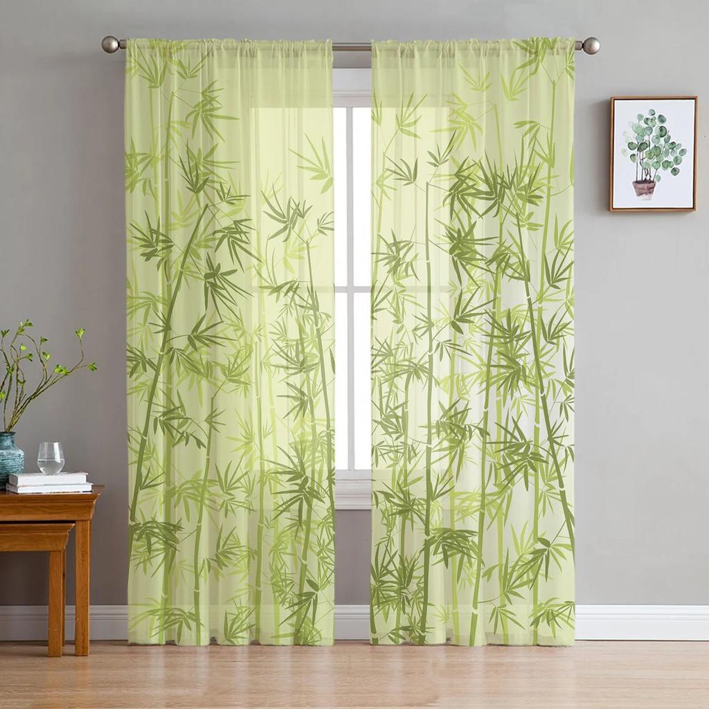 Bamboo Watercolor Painting Tulle Curtains For Living Room Bedroom Voile Curtain Home Decoration Sheer Balcony Door Curtain
