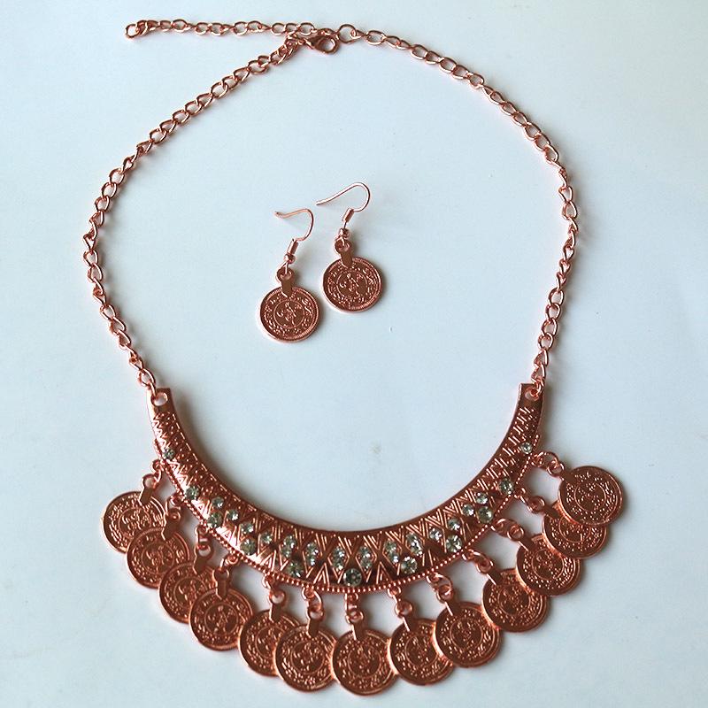 Retro European & American Rhinestone Carved Coin Tassel Necklace - U-Shaped Clavicle Chain Jewelry