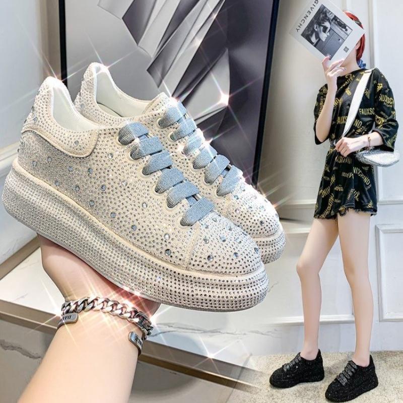 Fashion Autumn Spring Women Platform Shoes Rhinestones Thick-soled White Silver Shoes Shining Crystal Sneakers Trend Casual Sneakers