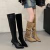 Ботфорты для женщин, большой обхват голенища, 2025 осень-зима, новая замшевая модель с острым носком, тонким высоким каблуком, плиссированные ботинки-чулки