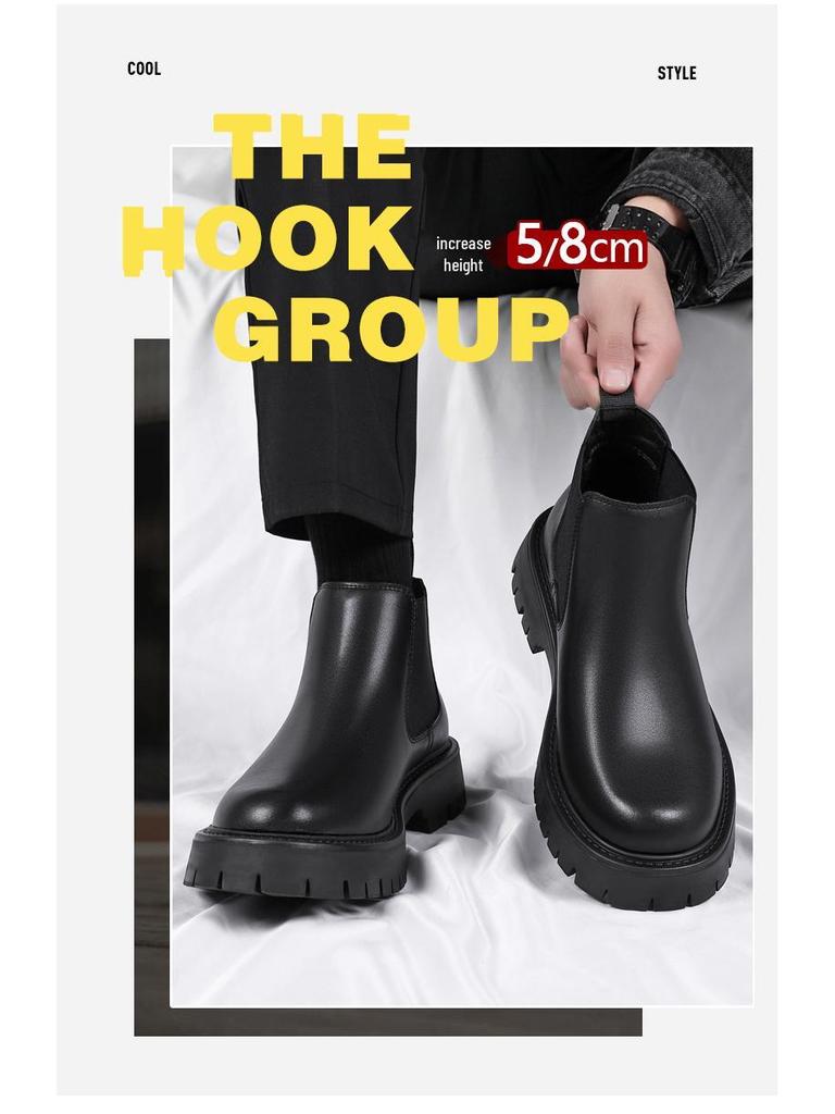 Men's British-Style Chelsea Boots: Thick-Soled, Height-Enhancing, Genuine Leather, Slip-On, Mid-High Top, Autumn/Winter Martin Boots.