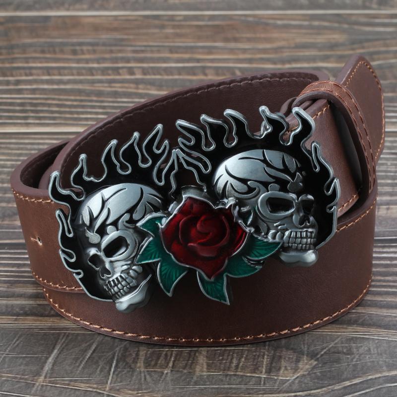 Дропшиппинг Пряжка с узором Пламя Череп Цветок Розы Модный Пояс Двойная Голова Черепа Тяжелый Металл Рок-стиль