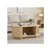 Table basse ovale avec espace de rangement et portes coulissantes meuble multifonctionnel peu encombrant en couleur bois