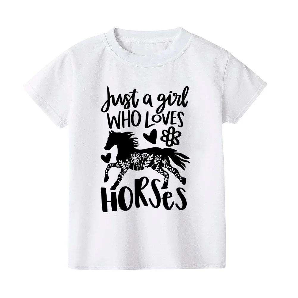 Kids Short Sleeve T Shirt Just A Girl Who Loves Horses Floral Horse And Heart Letter Print O-Neck Tee Animal Graphic Casual Tops
