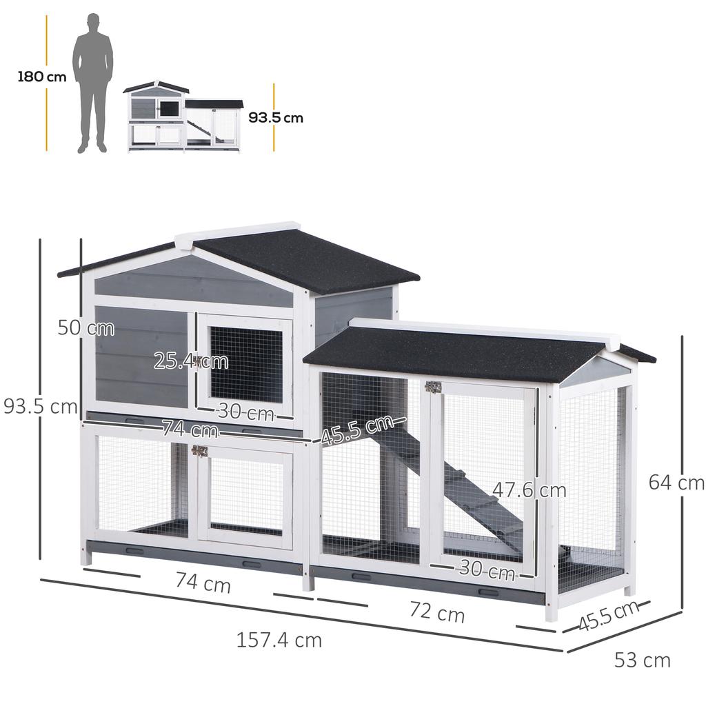 Wooden 2 Tier Rabbit Hutch W  Tray Ramp Grey