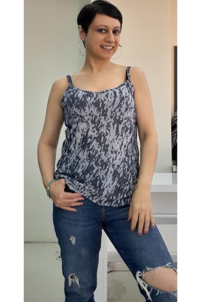 Women's Style Big Size T-Shirt Navy Blue Patterned Rope Strap Combed Cotton Viscose T-Shirt