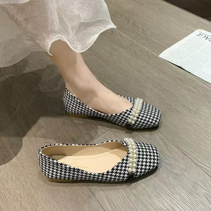 Single Shoes Women's Spring New Pearl Pointed Head Shallow Mouth Flats Fashion Thousand Bird Grid Mary Jane Shoes