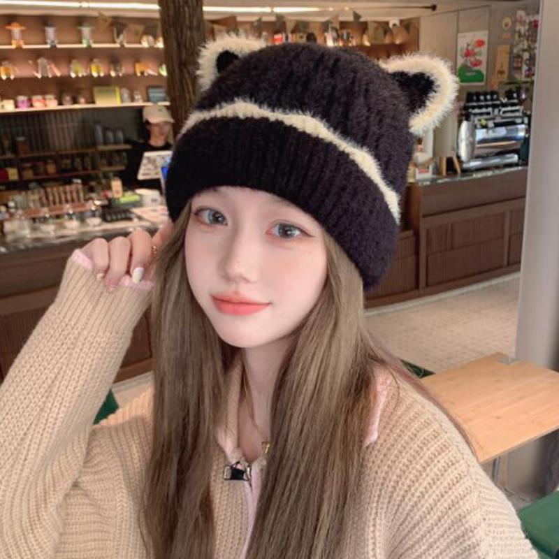 Зимняя теплая женская симпатичная шапка-бини, повседневная мешковатая меховая шапка с кошачьими ушками, аксессуары для головных уборов