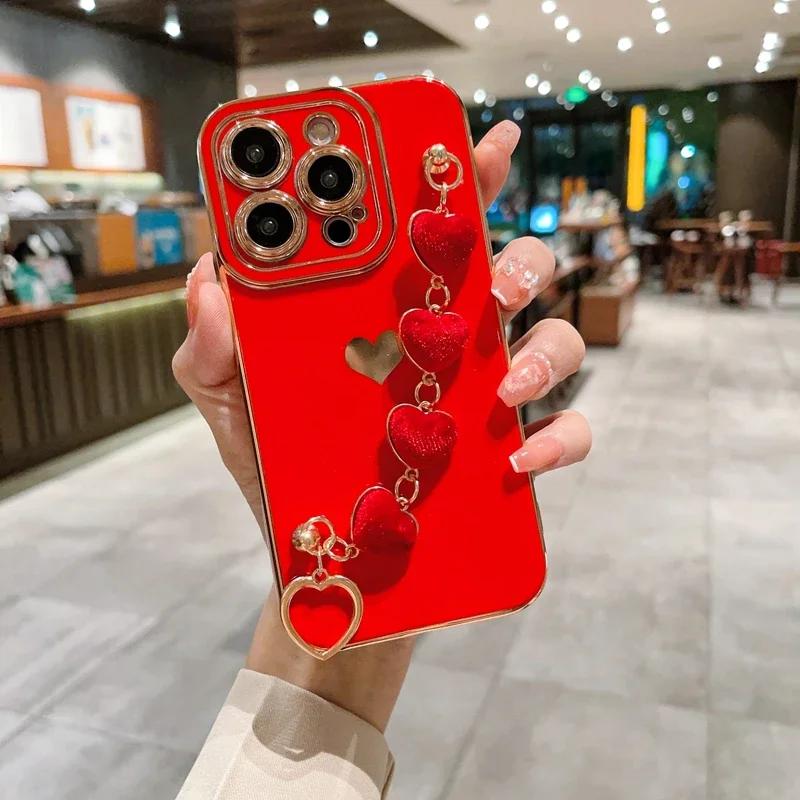 Роскошный мягкий чехол-браслет Love Heart для iPhone 11 12 13 14 15 Pro Max XS X XR 7 8 Plus SE 2020 2022, защитный чехол-бампер без ворса