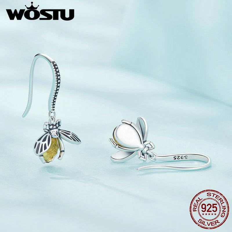 WOSTU Vintage 925 Sterling Silver Handmade Honey Bee Dangle Drop Earrings Women Yellow Zircon Cute Insect Ear Hooks Mom's Gift