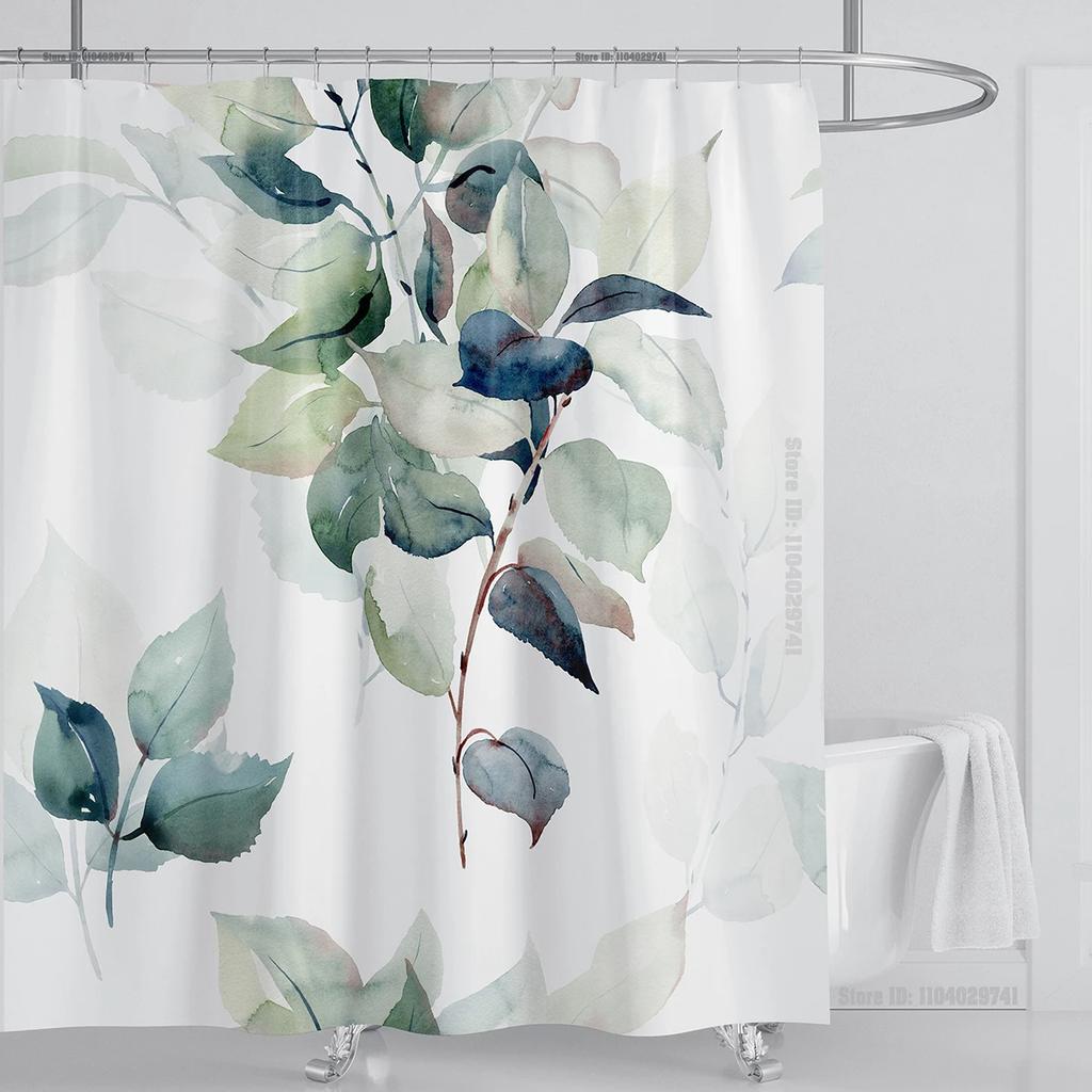 Watercolor Leaves On The Top Plant With Floral Bathroom Greenery Leaf Decoration Watercolor Botanical Shower Curtain With Hooks