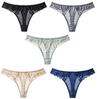 Kurop Комплект Сексуальный Персик из Ледяного Шелка для и Фитнеса 5 штук Трусики Т-спинка, Кружево, Прозрачные Бедра, Женское Нижнее Белье, Шорты, Йога, Спорт, (L)