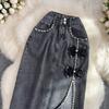 Джинсовая юбка женская летняя с высокой талией средней длины закрывающая промежность чтобы показать стройность с бусинами разрезом А-силуэта юбка на бедра
