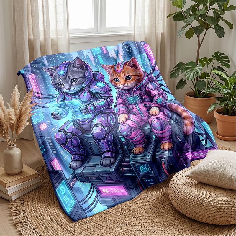 Furry Cat Night Scene Theme blanket Lightweight Warm Flannel Blanket Decorative Throw Blanket for Home Decoration