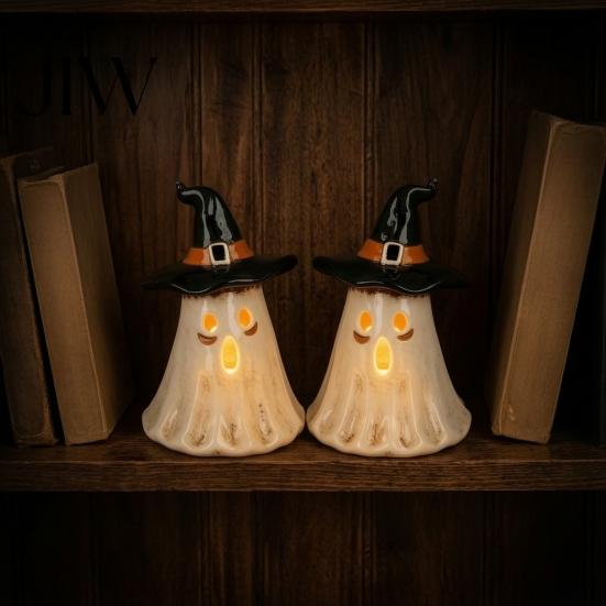 Warm Light Glow Spooky Accents Witch Hat Ghost Tealight Candle Holder, Vintage Resin Halloween Tabletop Decor Decorations with for Farmhouse