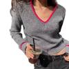 French Retro V-Neck Color Block Ribbed Knit Sweater for Women - Autumn Winter Trendy Slim Fit Pullover