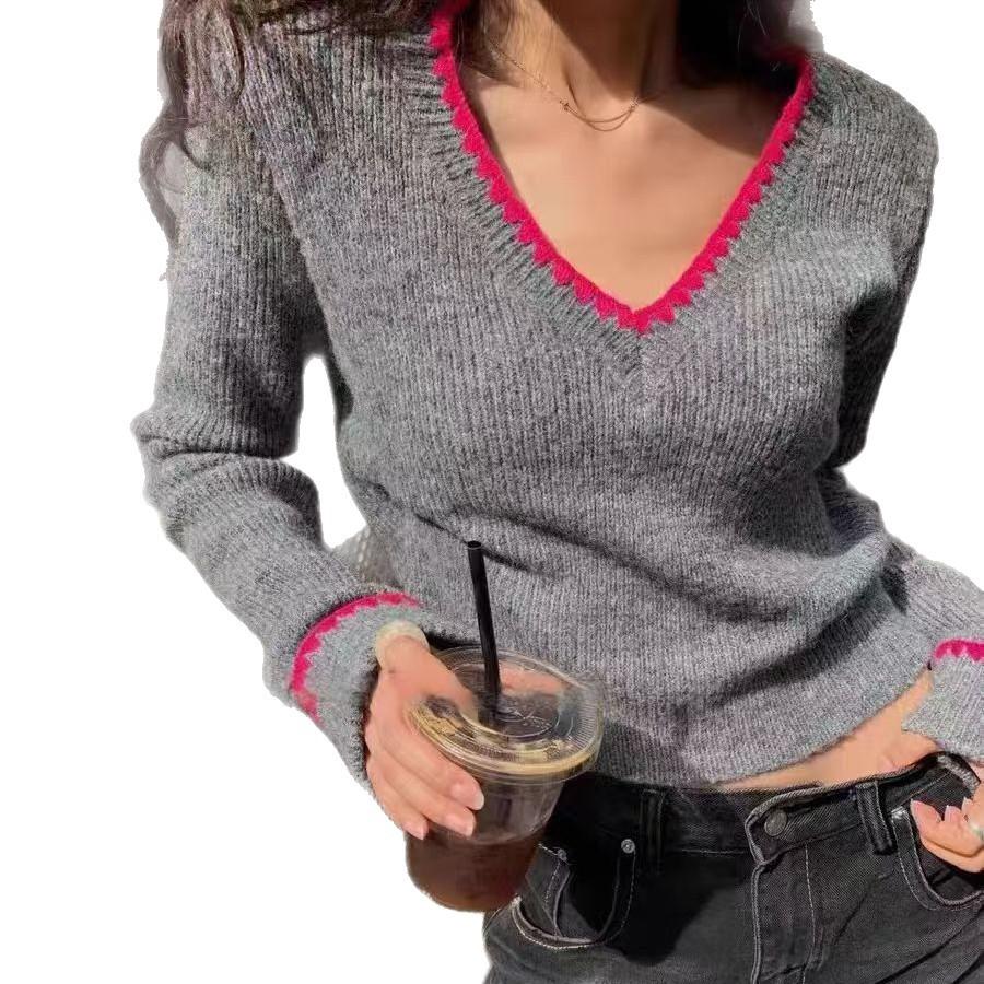 French Retro V-Neck Color Block Ribbed Knit Sweater for Women - Autumn Winter Trendy Slim Fit Pullover
