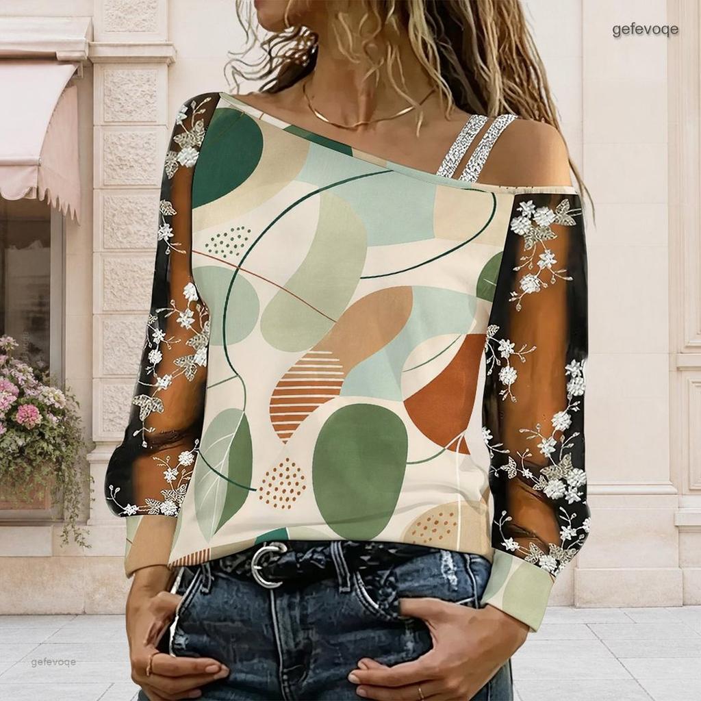 Women Plus Size Asymmetric Cold Shoulder Long Sleeve Geometric Printed Floral Embroidery Mesh T Shirt