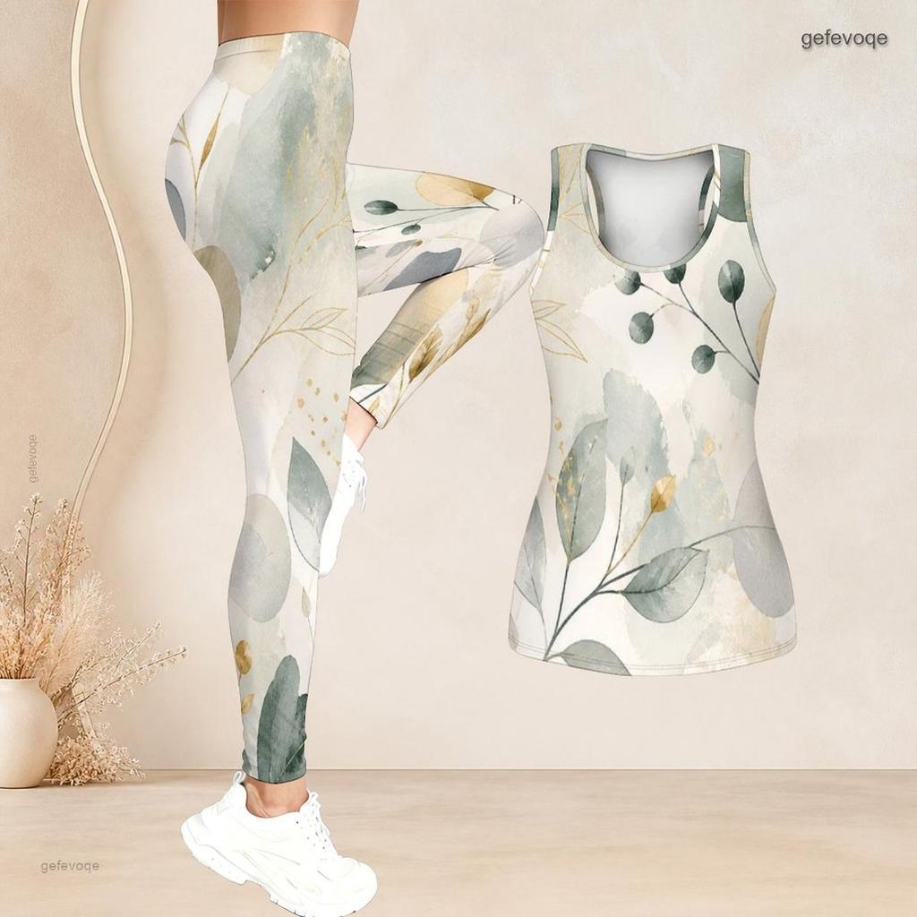 Women Plus Size Two Piece Set Scoop Neck Sleeveless Printed Tank Top Fitted Long Pants