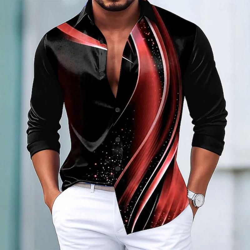 Men's Lapel Button Long Sleeved Shirt with Striped Print Loose Fit Suitable for Daily Parties, Gatherings, Casual Men's Top