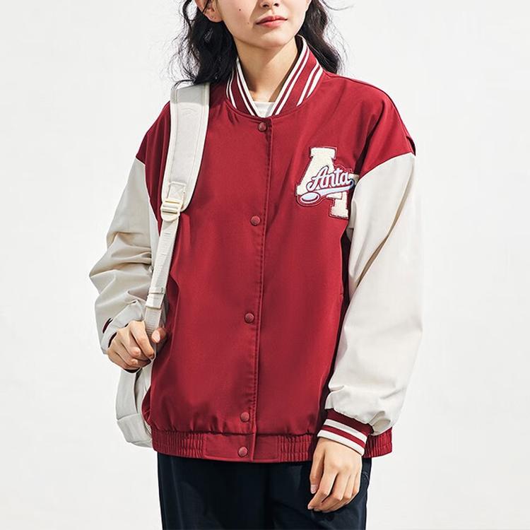 Anta Бейсбольная куртка Lifestyle Series Letter Splicing с длинным рукавом, однобортная, женские куртки Shining-Red 162338608-2