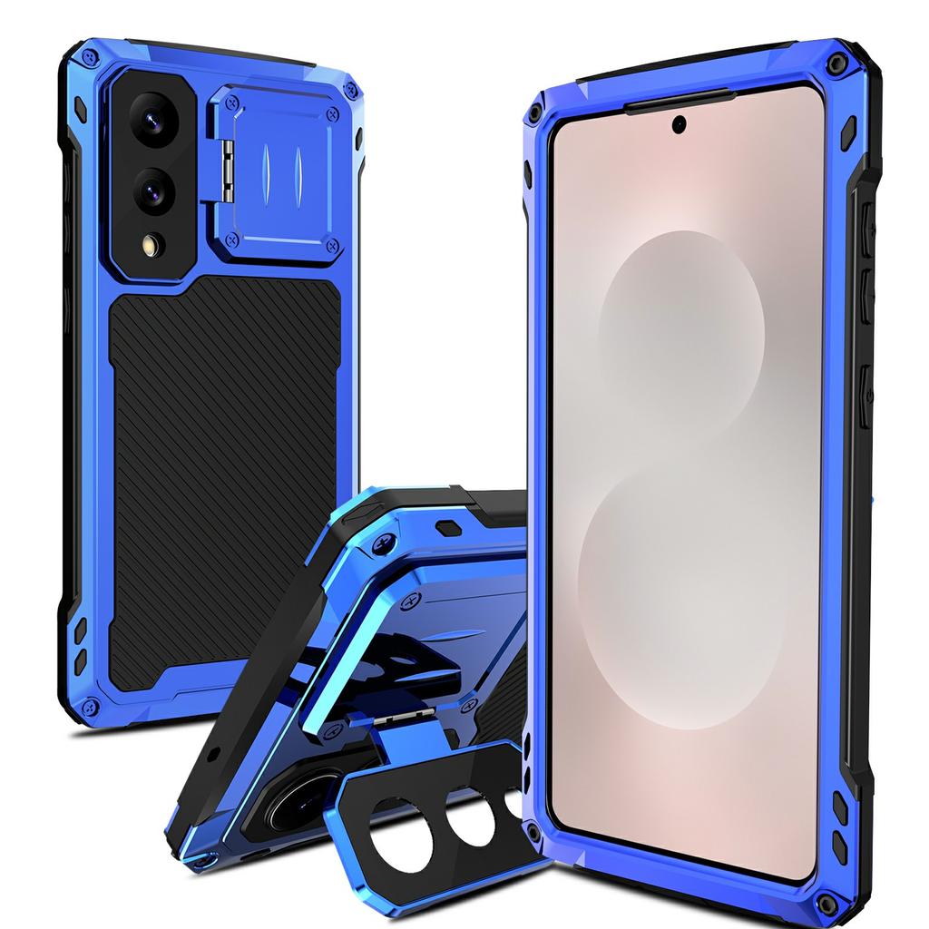 For Samsung Galaxy S25 Edge Case Aluminum Alloy+Silicone Lens Kickstand Phone Cover with Tempered Glass Film