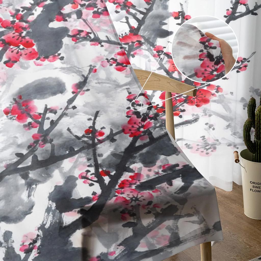 Ink Plum Blossom Flower Plant Tulle Sheer Curtains for Living Room Decoration Window Curtain for Bedroom Voile Organza Drapes