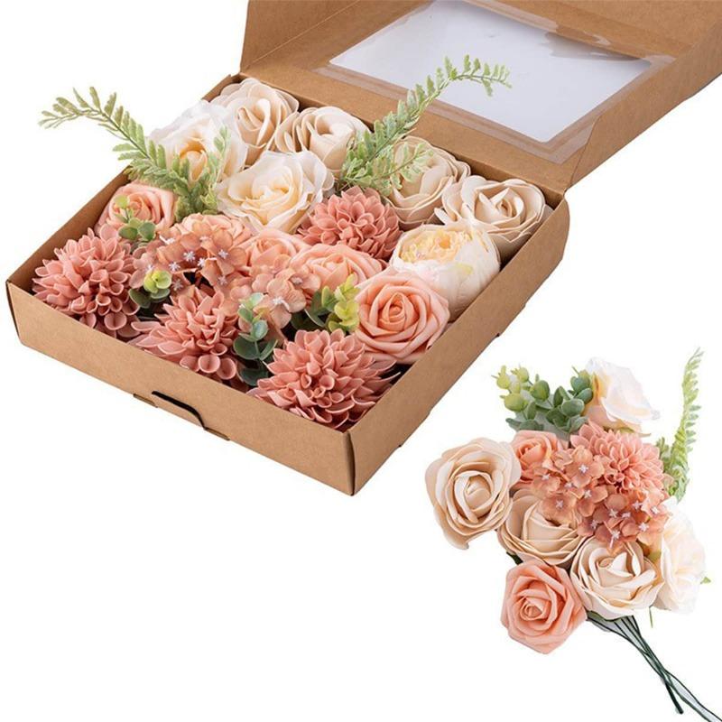 Искусственный георгин, роза, пион, комбинированный набор со стеблями для DIY, домашние свадебные композиции, вечеринка, свадебный букет, украшение для балкона, шелковая искусственная голова розы