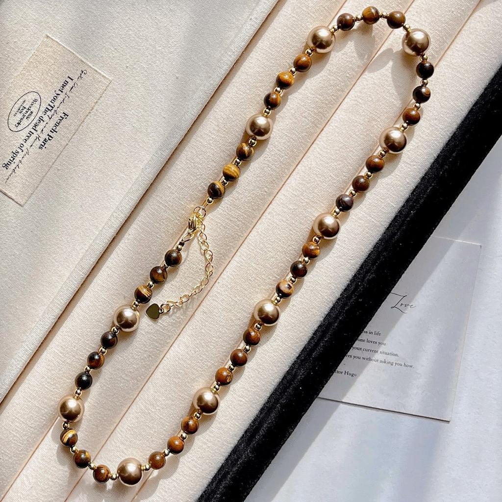 Maillard Boutique Натуральный Камень Тигровый Глаз Коричневый Мокко Жемчуг Дизайн Цепочка для Свитера Цепочка на Ключицы
