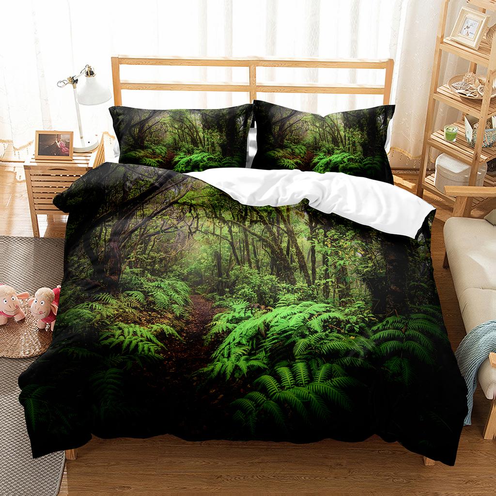 Green Jungle Theme King Queen Full Duvet Cover Forest Trees Bedding Set Natural Landscape Quilt Cover Polyester Comforter Cover