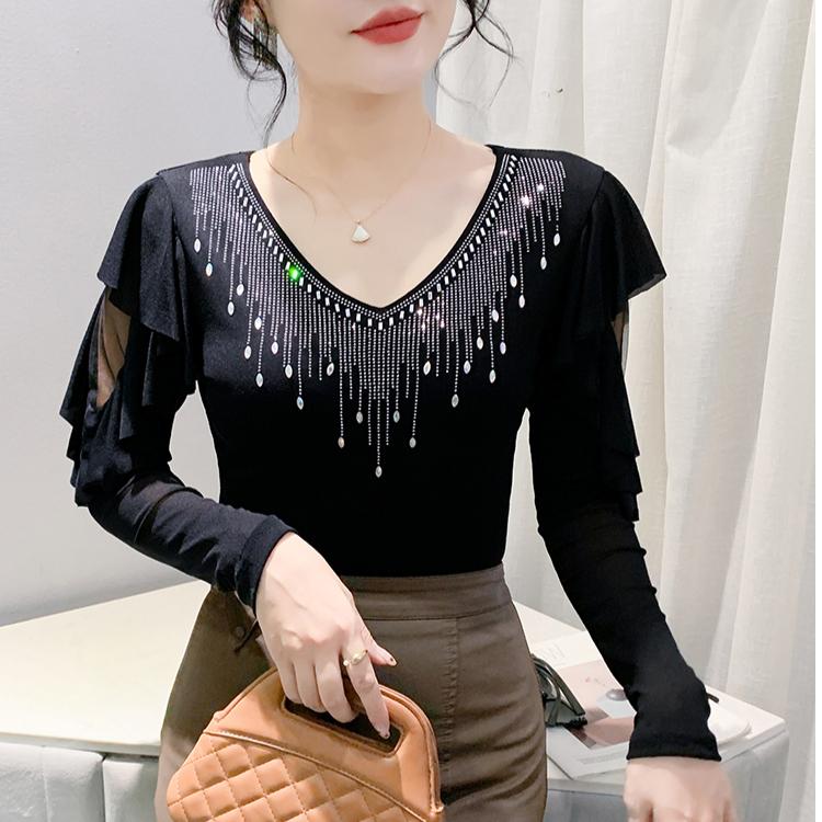 High Quality Spring Autumn Women Blue Black Mesh Inlaid Diamonds Ruffles TShirt Fashion Long Sleeve Slim Tops Sexy V-neck Casual Tees
