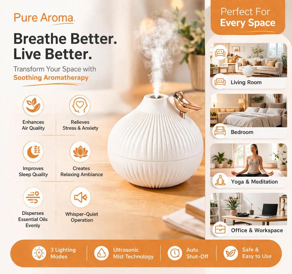 Ультразвуковой аромадиффузор Pure Aroma 300 мл с теплым светодиодным освещением | Декоративный увлажнитель эфирных масел и очиститель воздуха с холодным паром для спальни, дома и
