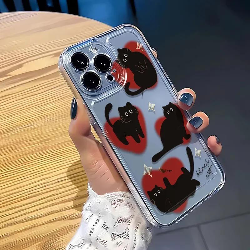 Чехол для телефона «Сердце Любви Черный Кот» для iPhone 17 Air 16 16e 17e 15 Plus 14 13 12 11 Pro Max Гибкий Защитный Мягкий Чехол
