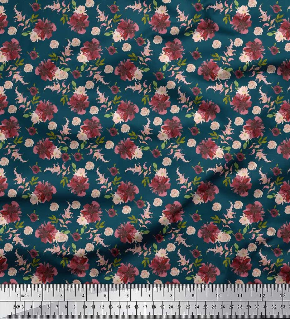 Soimoi Blue Poly Crepe Fabric Leaves & Chrysanthemum Floral Printed Fabric 1 metre 42 Inch