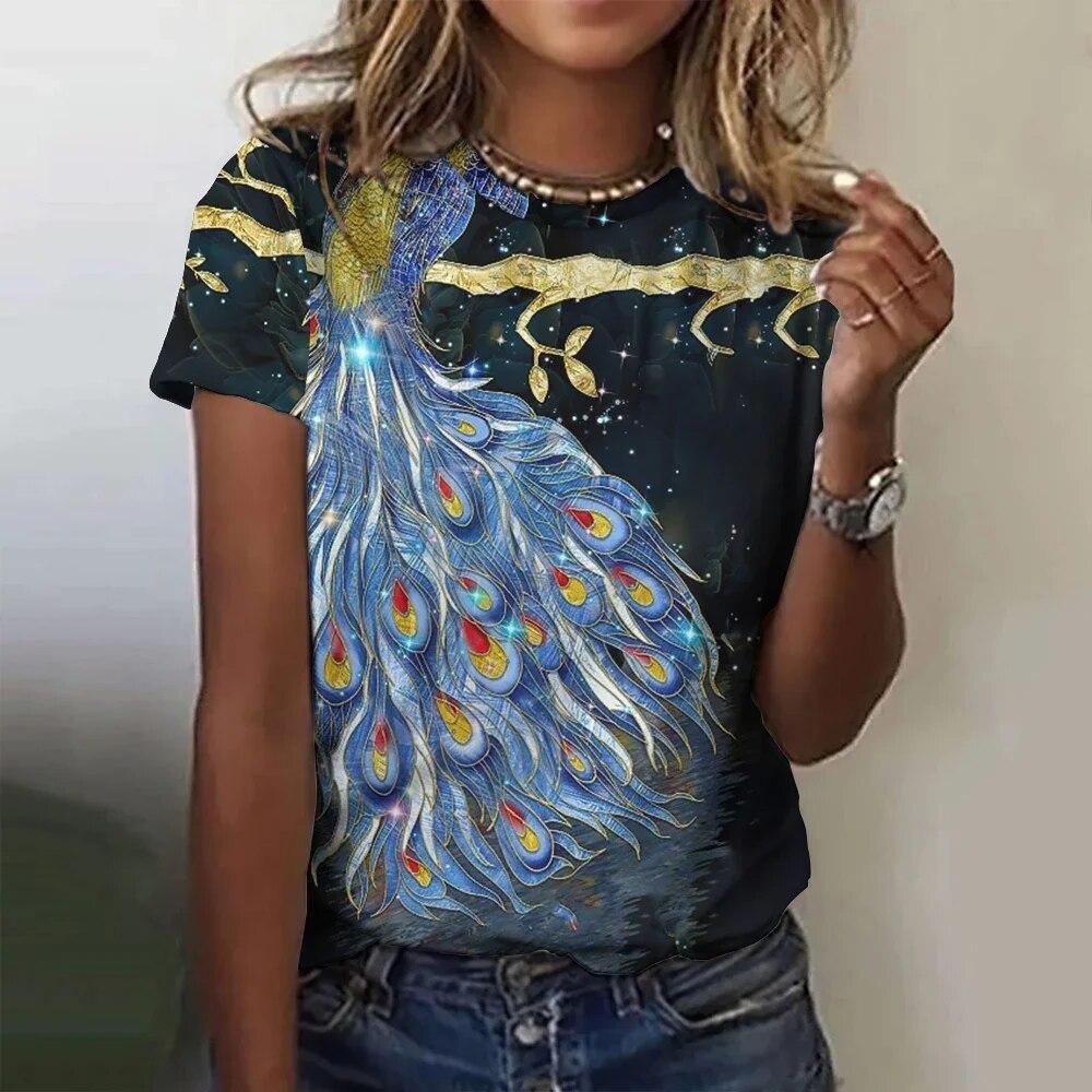 Винтажная футболка с 3D принтом перьев для женщин, женская одежда в стиле Харадзюку, повседневный пуловер с круглым вырезом, летние свободные футболки с короткими рукавами, повседневные топы
