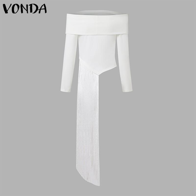 VONDA Женские винтажные обтягивающие однотонные футболки с открытыми плечами и длинным рукавом