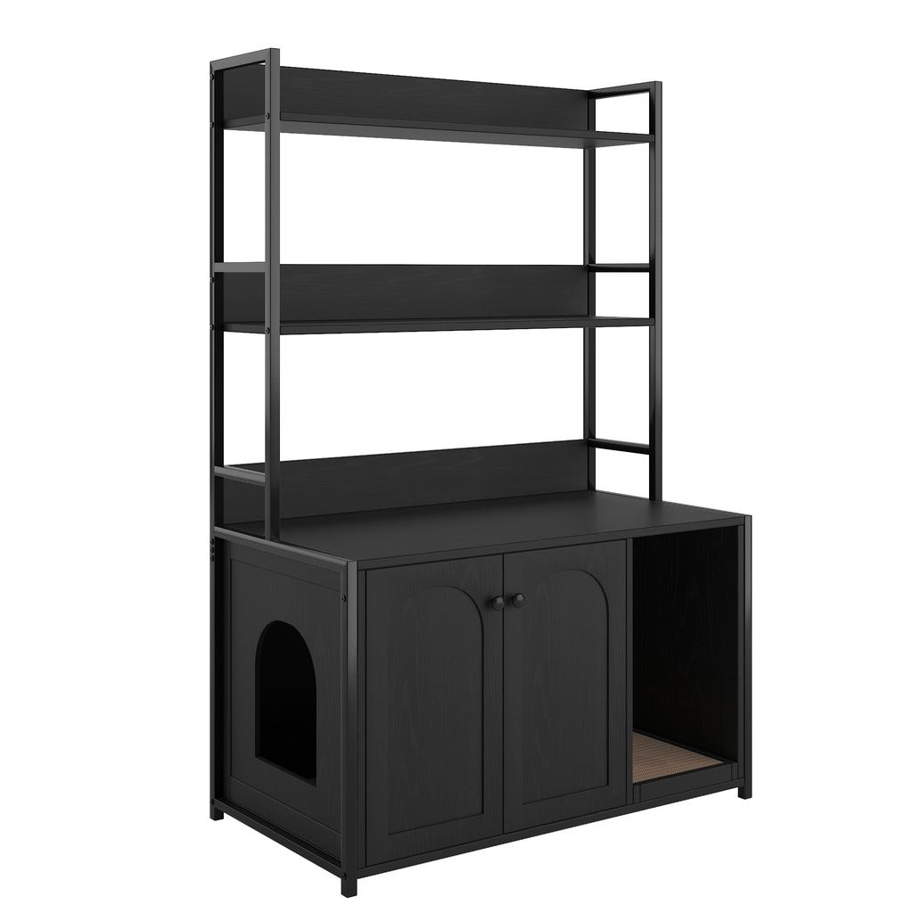 Large Cat Litter Box Enclosure with Storage Shelf, Wooden Cat House with Scratch Pad, Sturdy Indoor Pet Cabinet with 2 Doors for Odor Control, Black