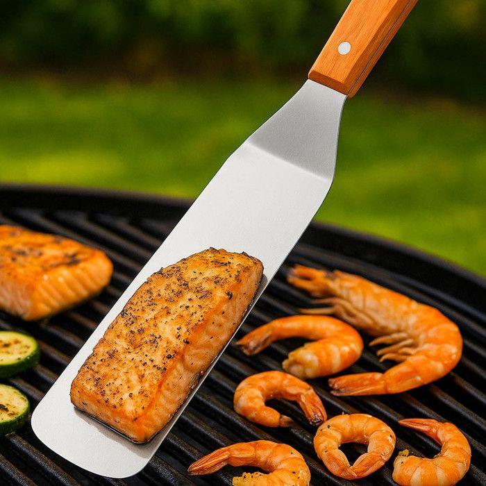 Spatule à Poisson - Inox - 35 cm - Manche Ergonomique en Bois - Facile à Nettoyer - Haute Précision