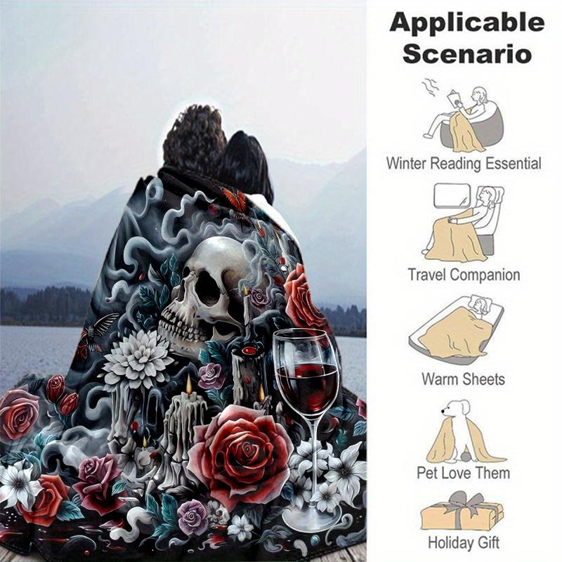 1pc Skulls Roses Candles and Wine Blanket  Soft, Warm Cozy Bedding Decor, Living Room, Travel, Camping, Car Blankets