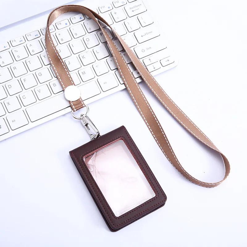 Fashion PU Business Credit Card Id Holders Wallet Case PU Badge Card Holder with Neck Strap Lanyard School Office Supplies