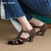2024 Летняя женская обувь из овечьей замши на толстом каблуке, женские сандалии из натуральной кожи, женские сандалии в стиле ретро на высоком каблуке в римском стиле