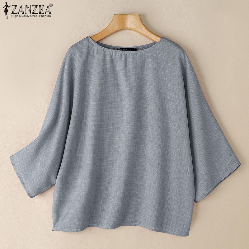 ZANZEA Women Casual Round Neck 3/4 Sleeve Loose Plain Blouse