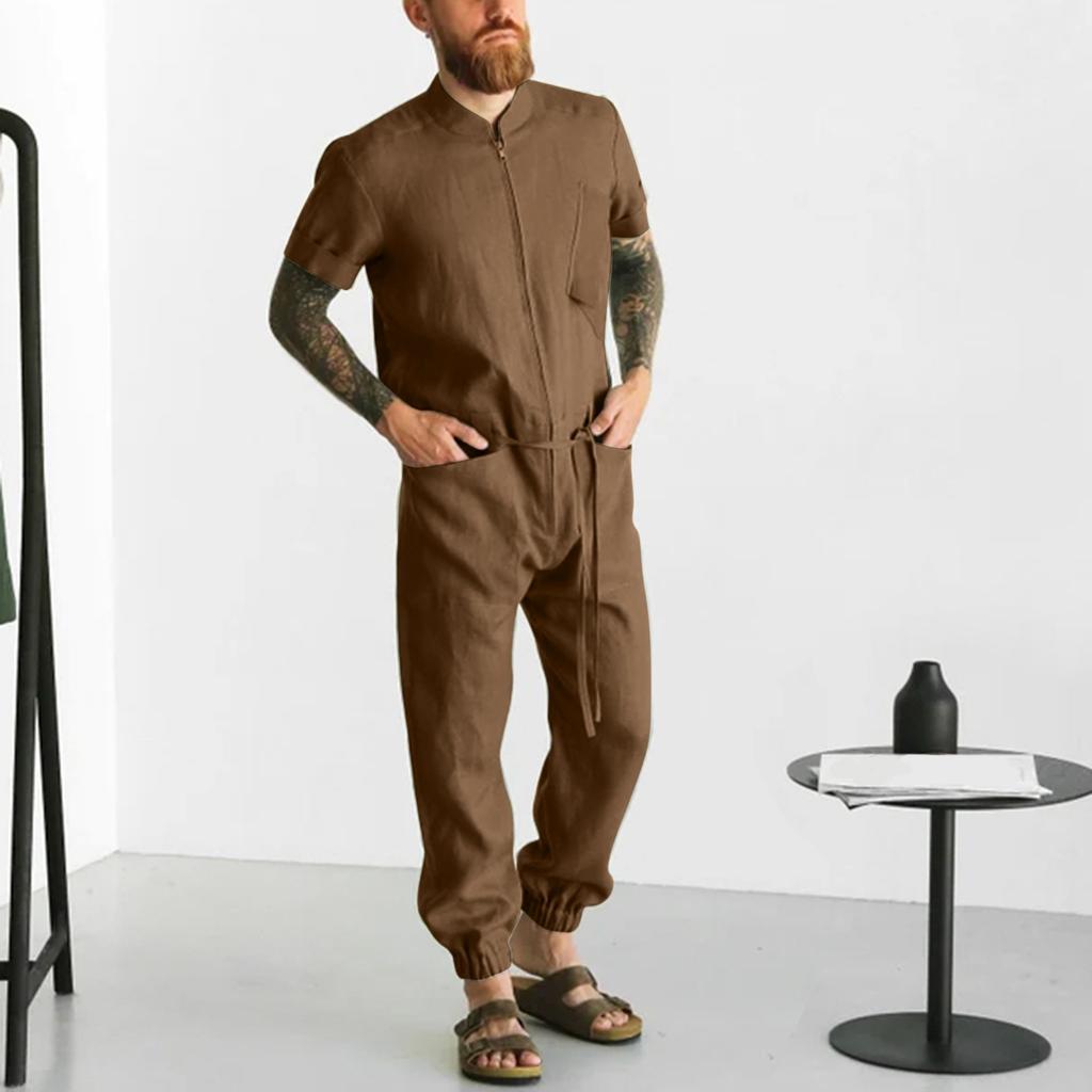 Мужской повседневный комбинезон, комбинезон на молнии, однотонная рабочая одежда, хлопково-льняная мужская рабочая одежда, брюки