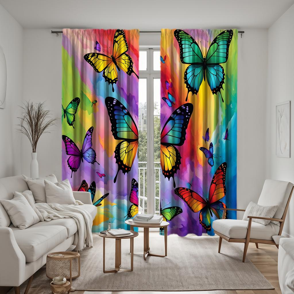 2pcs HD Multicolor Butterfly Decorative Curtain Color System Digital Printed Curtain Home Decoration Style Decoration Living