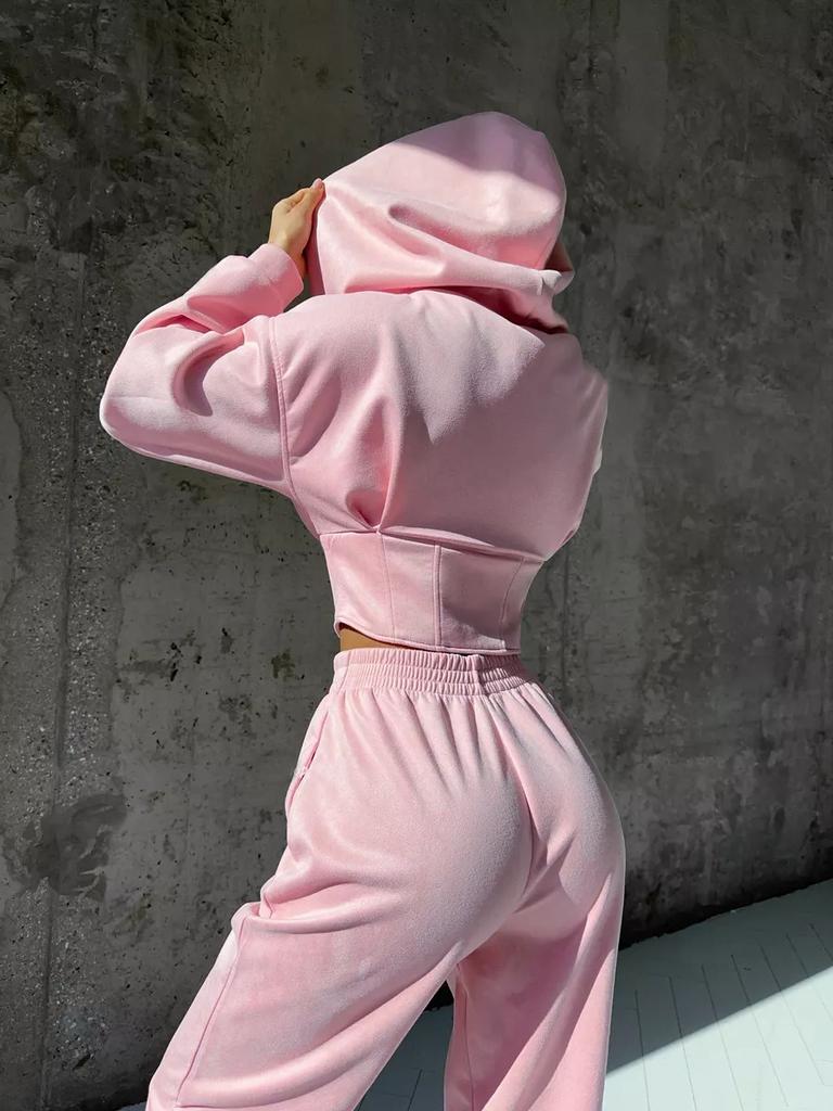 Женский однотонный худи с длинным рукавом и брюки с драпировкой, спортивный повседневный комплект из двух предметов для женщин