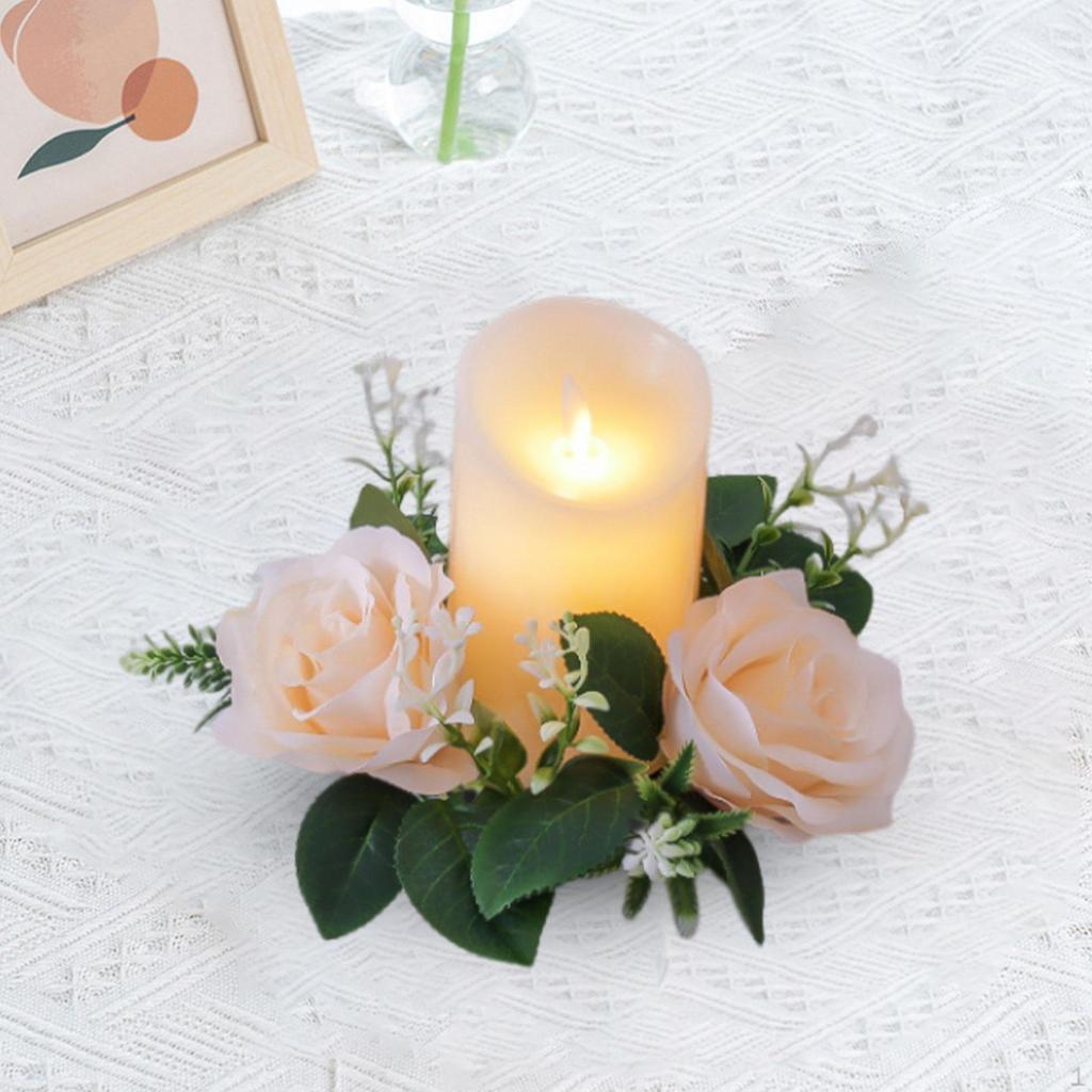 Artificial Roses Candle Rings Small Wreath Pillar Holder 23cm Flower Garland for Christmas